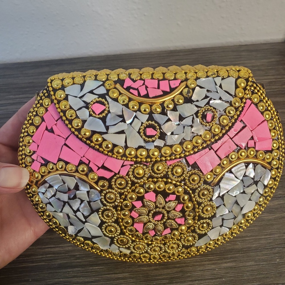 RAMLA Pink Gold Beverly Hills Handmade Mosaic Moroccon Clutch/Shoulder Purse NEW - Picture 2 of 11